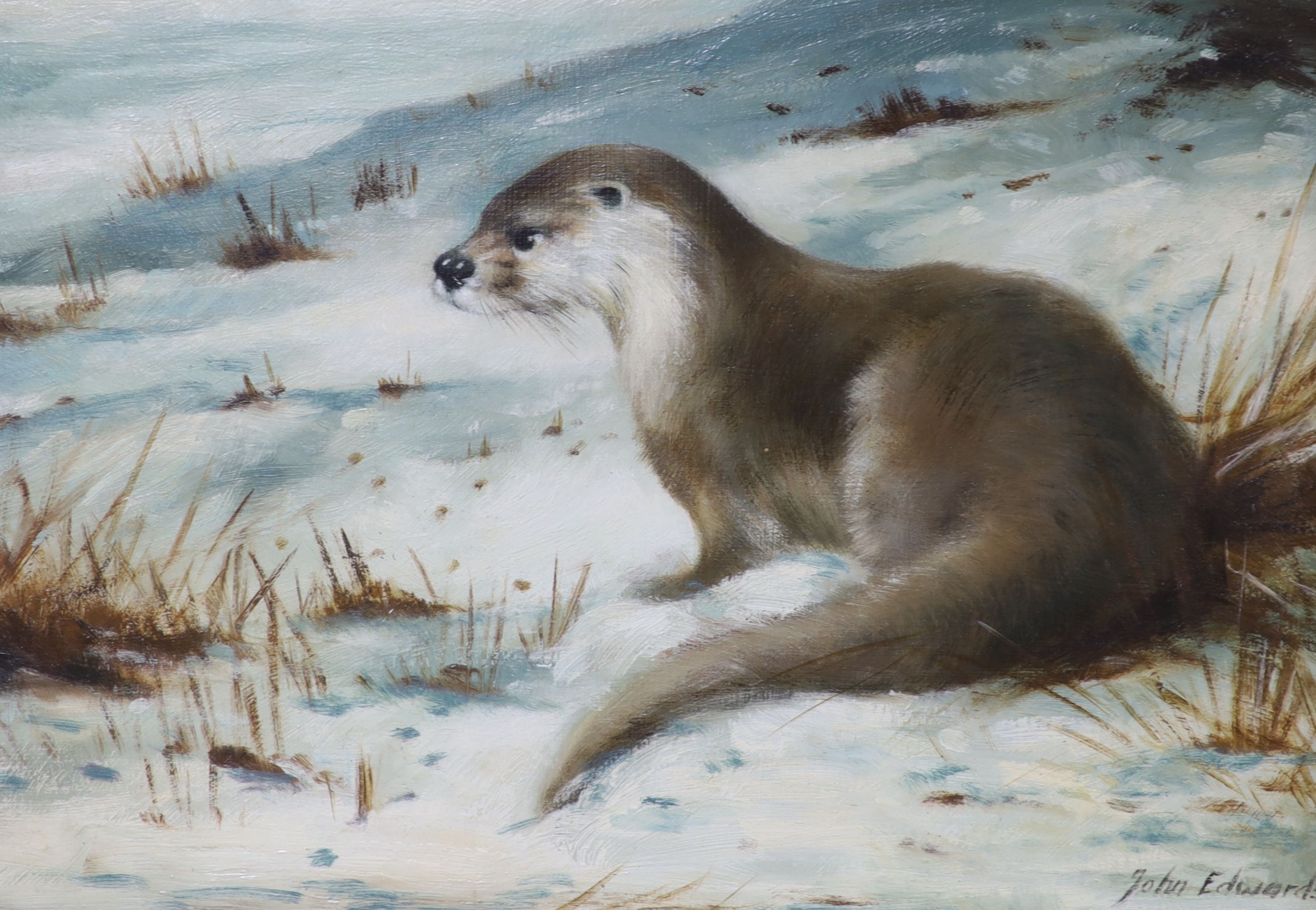 John Edwards (20th century), two oils on board, 'Otter in winter' and 'Hedgehogs', signed, 24 x 34cm and 24 x 34cm, frames differ